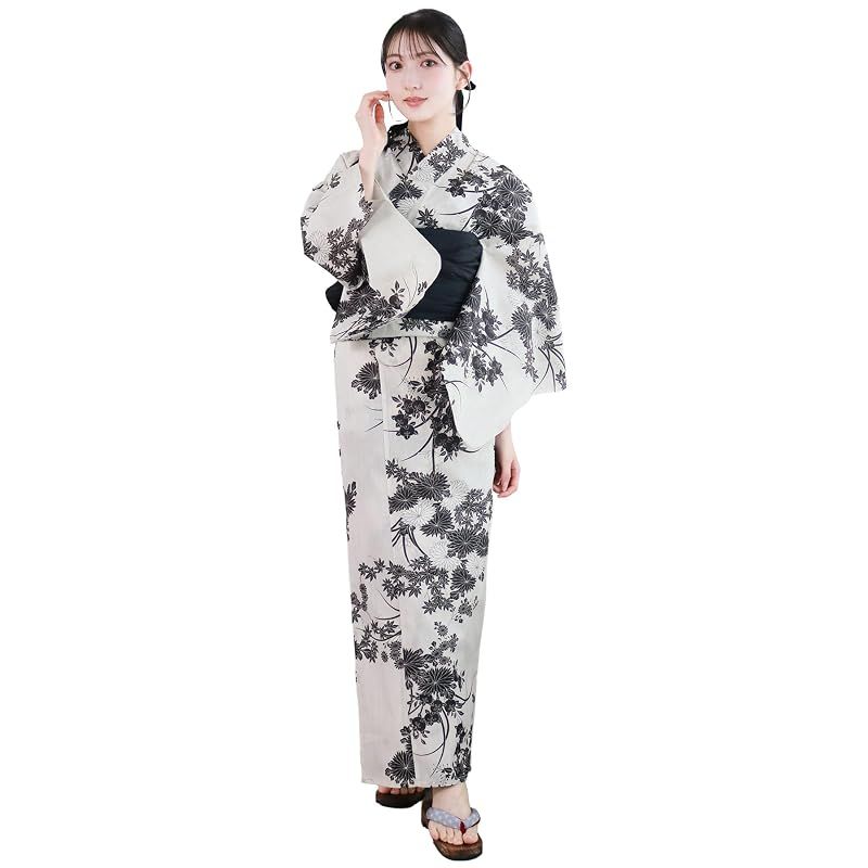 【新品】 [KYOETSU] [キョウエツ] 浴衣セット 変わり織 二部式 2点セット(浴衣、兵児帯) レディース AB (白黒小庭, フリーサイズ)