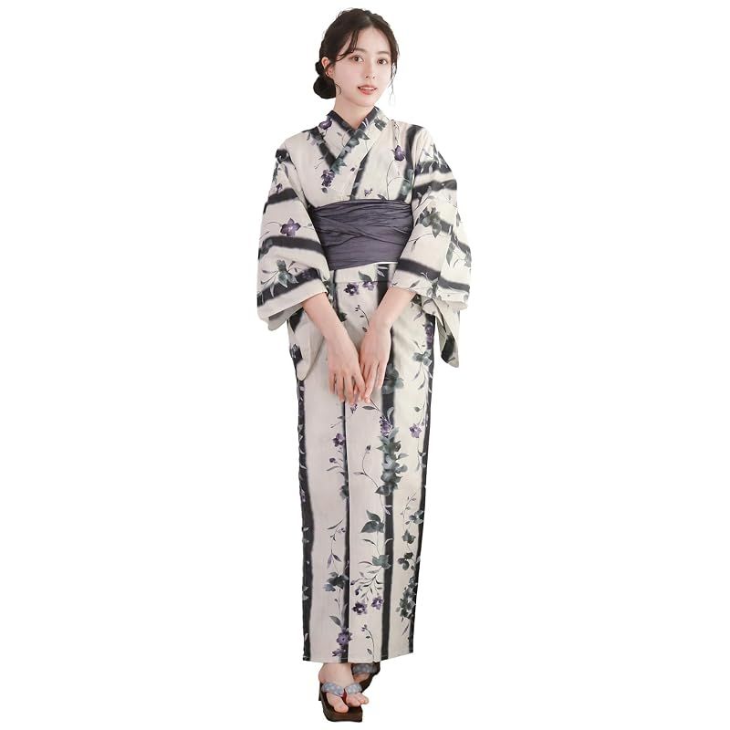 【新品】 [KYOETSU] [キョウエツ] 浴衣セット 変わり織 二部式 2点セット(浴衣、兵児帯) レディース AB (縞に蔦花, フリーサイズ)