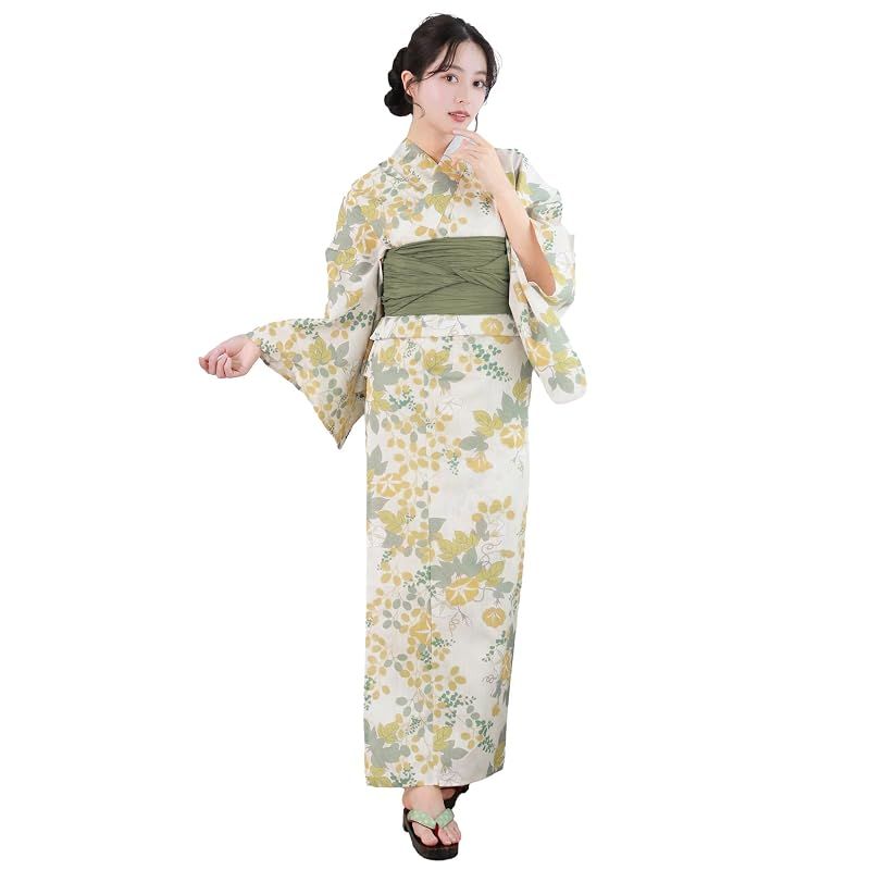 【新品】 [KYOETSU] [キョウエツ] 浴衣セット 変わり織 二部式 2点セット(浴衣、兵児帯) レディース AB (蔦に黄朝顔, フリーサイズ)