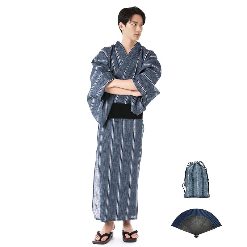【新品】 [KYOETSU] [キョウエツ] 浴衣 メンズ セット しじら C ゆかた 黒 紺 おしゃれ 綿 男性 6点セット (5.変わり縞×紺(ワンタッチ黒), L)