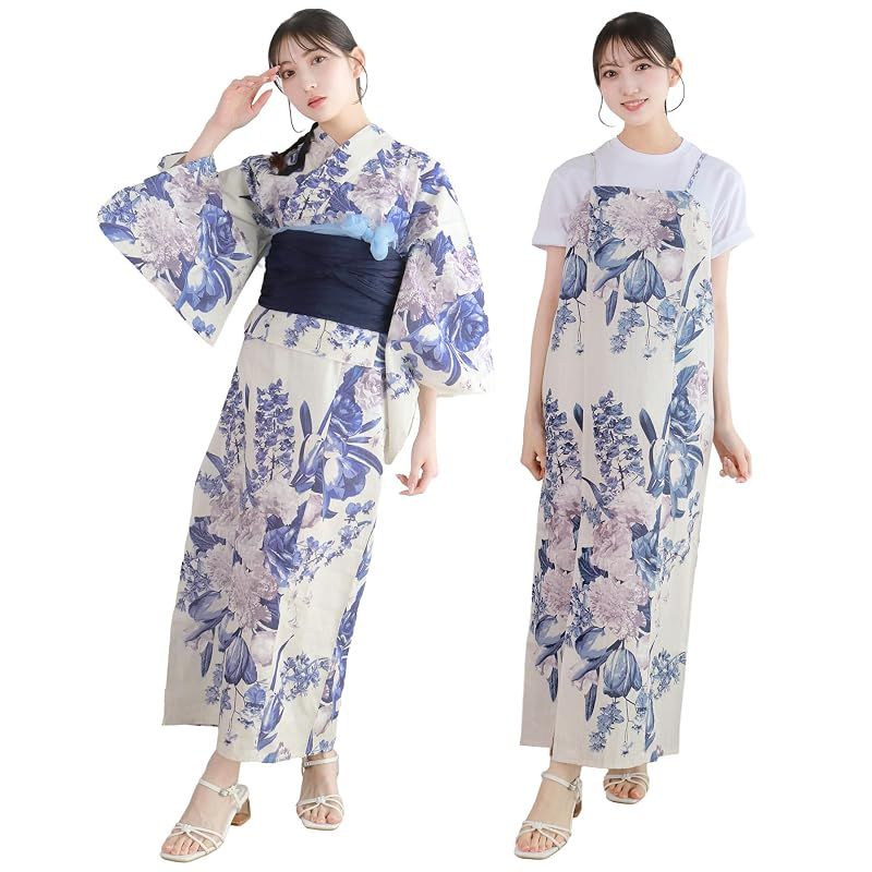 【新品】 [KYOETSU] [キョウエツ] 浴衣セット 変わり織 生成り ワンピース 3点セット(浴衣、兵児帯、ぷち兵児帯) レディース (フローズンブーケ, フリーサイズ)