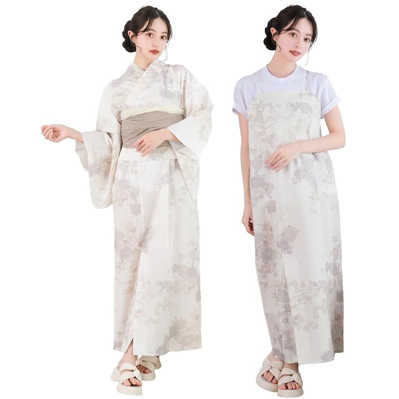 【新品】 [KYOETSU] [キョウエツ] 浴衣セット 変わり織 生成り ワンピース 3点セット(浴衣、兵児帯、ぷち兵児帯) レディース (亜麻色小庭, フリーサイズ)