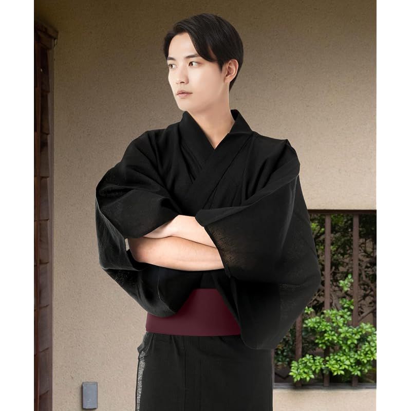 【新品】 [キョウエツ] 浴衣 メンズ セット ゆかた 男性 黒 紺 おしゃれ 綿 しじら C 4点セット (M, 7.無地×黒(ワンタッチ紫))