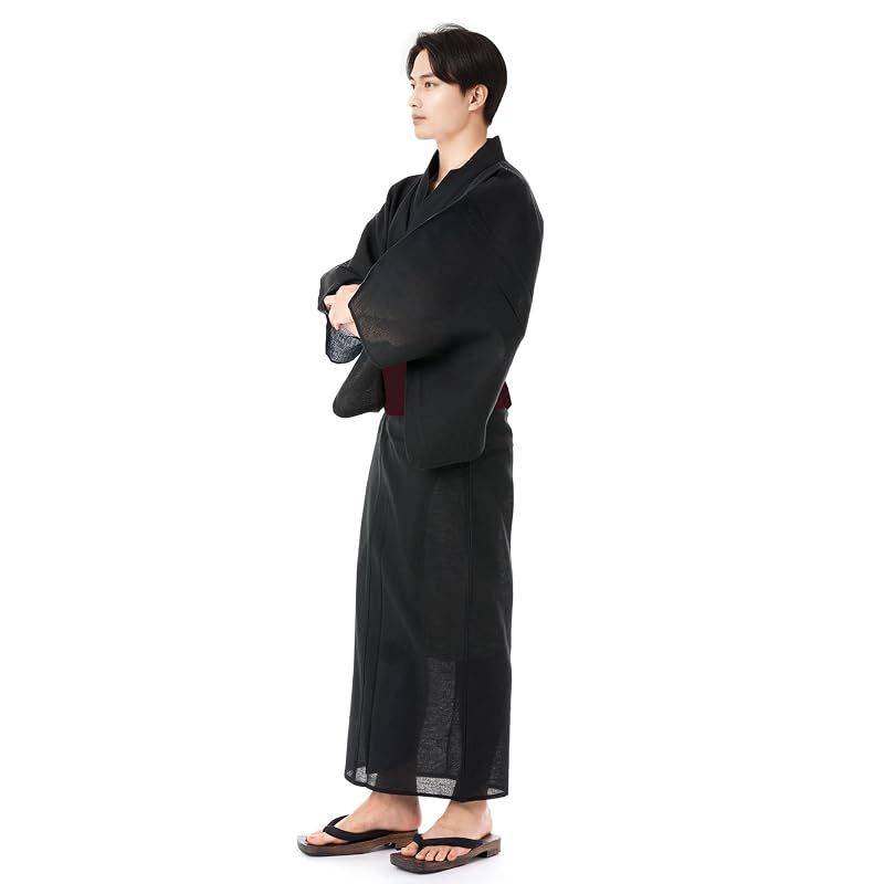 【新品】 [キョウエツ] 浴衣 メンズ セット ゆかた 男性 黒 紺 おしゃれ 綿 しじら C 4点セット (M, 7.無地×黒(ワンタッチ紫))
