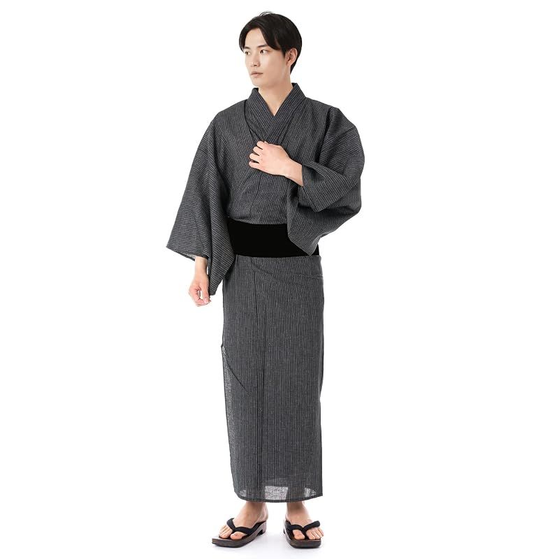 【新品】 [キョウエツ] 浴衣 メンズ セット ゆかた 男性 黒 紺 おしゃれ 綿 しじら C 4点セット (M, 1.シンプル細縞×黒(ワンタッチ黒))