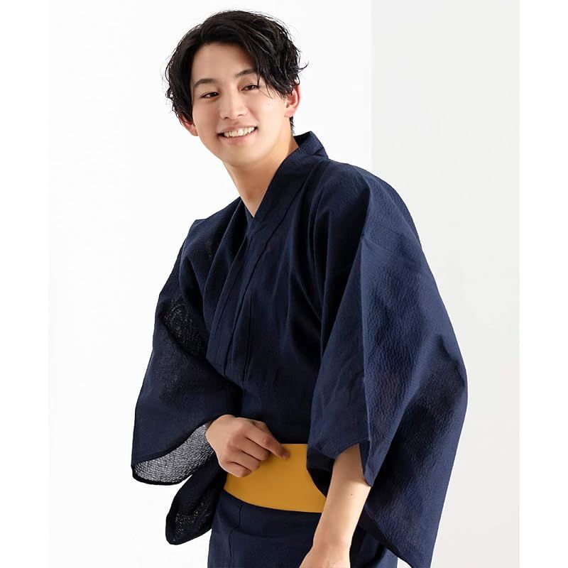 【新品】 [キョウエツ] 浴衣 メンズ セット ゆかた 男性 黒 紺 おしゃれ 綿 しじら C 4点セット (M, 8.無地×紺(ワンタッチ金))