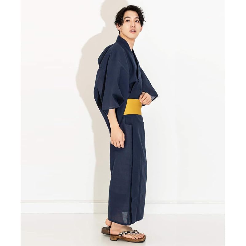 【新品】 [キョウエツ] 浴衣 メンズ セット ゆかた 男性 黒 紺 おしゃれ 綿 しじら C 4点セット (M, 8.無地×紺(ワンタッチ金))