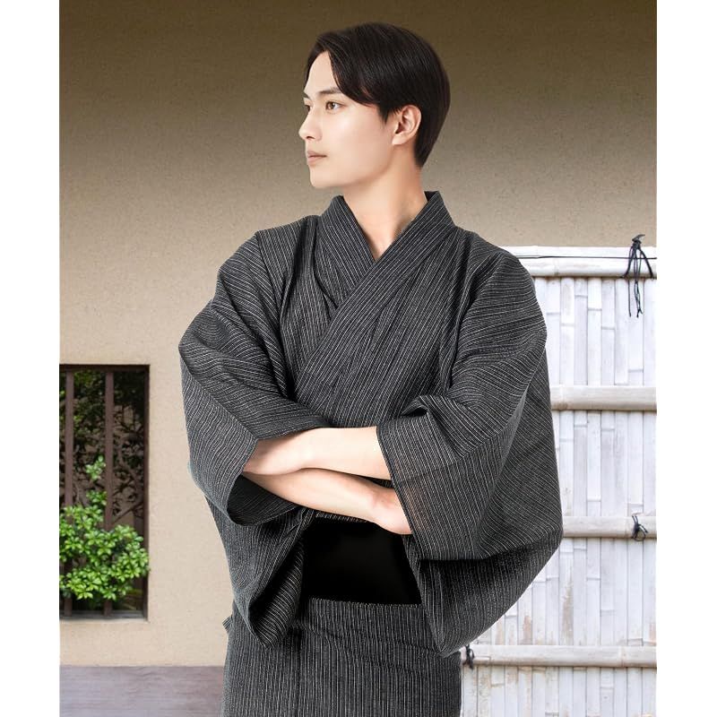 【新品】 [キョウエツ] 浴衣 メンズ セット ゆかた 男性 黒 紺 おしゃれ 綿 しじら C 4点セット (L, 1.シンプル細縞×黒(ワンタッチ黒))