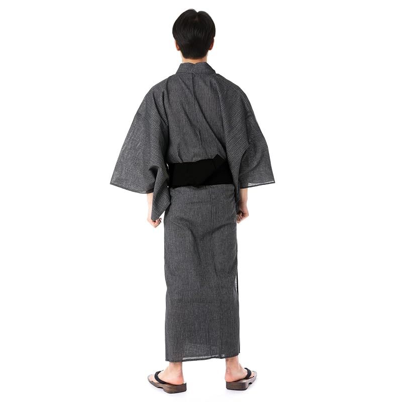 【新品】 [キョウエツ] 浴衣 メンズ セット ゆかた 男性 黒 紺 おしゃれ 綿 しじら C 4点セット (L, 1.シンプル細縞×黒(ワンタッチ黒))