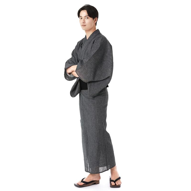 【新品】 [キョウエツ] 浴衣 メンズ セット ゆかた 男性 黒 紺 おしゃれ 綿 しじら C 4点セット (L, 1.シンプル細縞×黒(ワンタッチ黒))