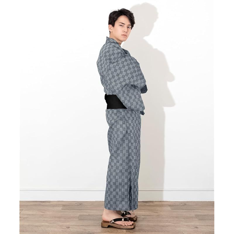 【新品】 [キョウエツ] 浴衣 メンズ セット ゆかた 男性 黒 紺 おしゃれ C 4点セット (M, C-26.市松×藍(ドワンタッチ角帯 黒))