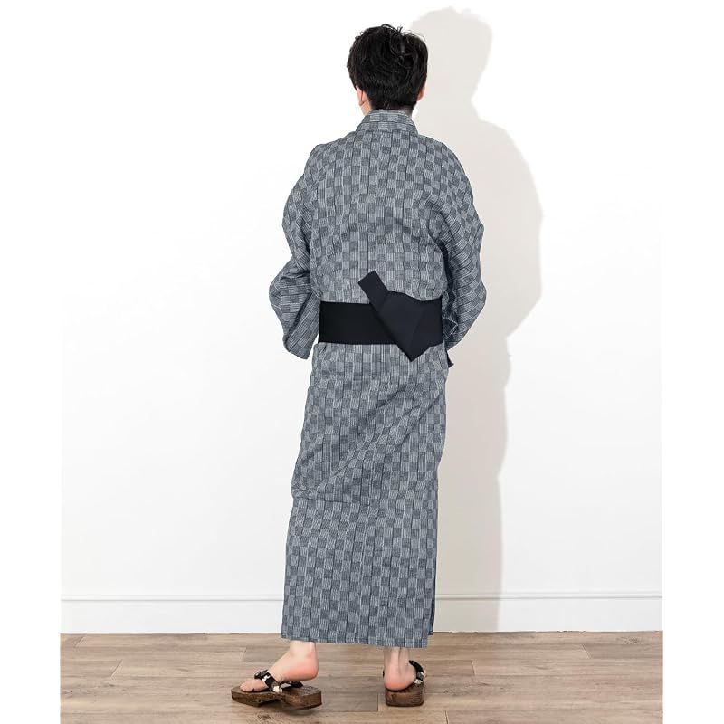 【新品】 [キョウエツ] 浴衣 メンズ セット ゆかた 男性 黒 紺 おしゃれ C 4点セット (M, C-26.市松×藍(ドワンタッチ角帯 黒))