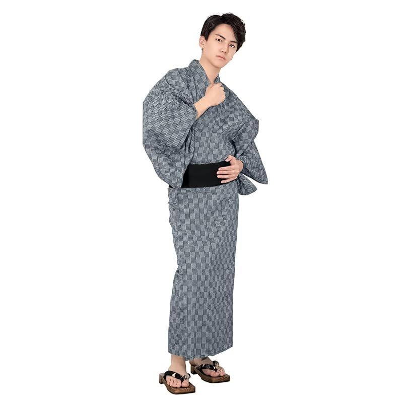 【新品】 [キョウエツ] 浴衣 メンズ セット ゆかた 男性 黒 紺 おしゃれ C 4点セット (M, C-26.市松×藍(ドワンタッチ角帯 黒))