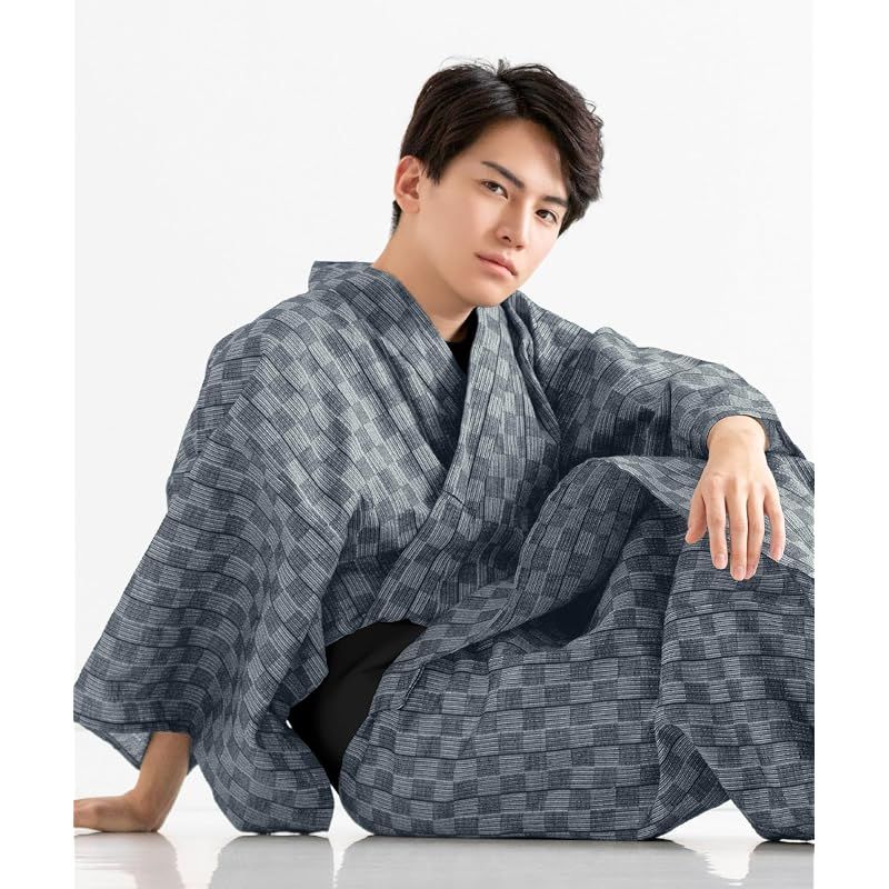 【新品】 [キョウエツ] 浴衣 メンズ セット ゆかた 男性 黒 紺 おしゃれ C 4点セット (M, C-26.市松×藍(ドワンタッチ角帯 黒))