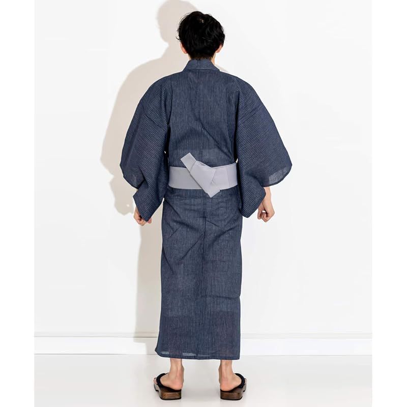 【新品】 [キョウエツ] 浴衣 メンズ セット ゆかた 男性 黒 紺 おしゃれ 綿 しじら C 4点セット (L, 2.シンプル細縞×紺(ワンタッチ灰))