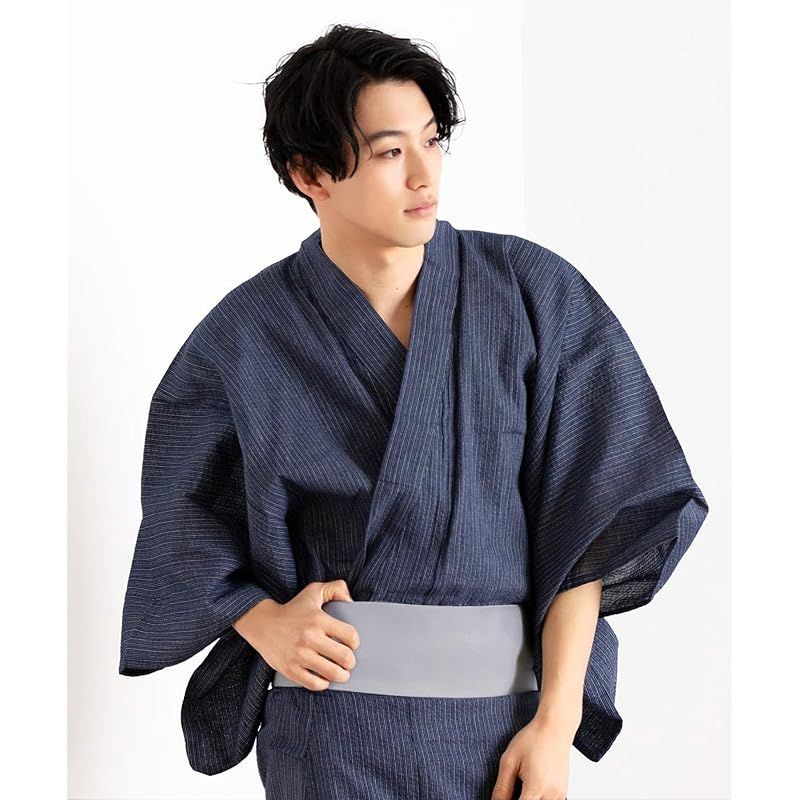 【新品】 [キョウエツ] 浴衣 メンズ セット ゆかた 男性 黒 紺 おしゃれ 綿 しじら C 4点セット (L, 2.シンプル細縞×紺(ワンタッチ灰))