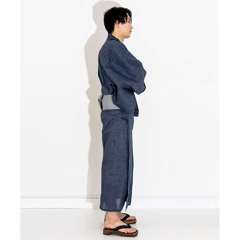 【新品】 [キョウエツ] 浴衣 メンズ セット ゆかた 男性 黒 紺 おしゃれ 綿 しじら C 4点セット (L, 2.シンプル細縞×紺(ワンタッチ灰))