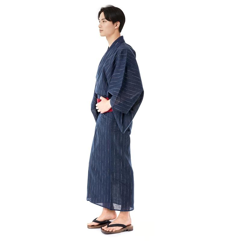 【新品】 [キョウエツ] 浴衣 メンズ セット ゆかた 男性 黒 紺 おしゃれ 綿 しじら C 4点セット (L, 11.縞×紺(ワンタッチ赤))