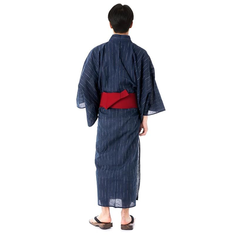 【新品】 [キョウエツ] 浴衣 メンズ セット ゆかた 男性 黒 紺 おしゃれ 綿 しじら C 4点セット (L, 11.縞×紺(ワンタッチ赤))