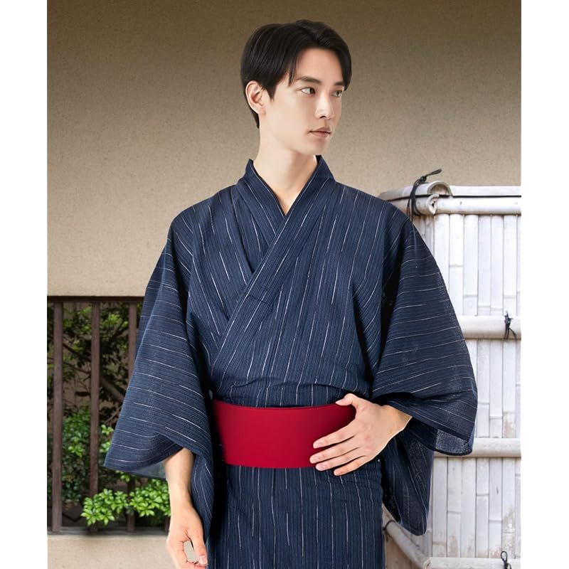 【新品】 [キョウエツ] 浴衣 メンズ セット ゆかた 男性 黒 紺 おしゃれ 綿 しじら C 4点セット (L, 11.縞×紺(ワンタッチ赤))