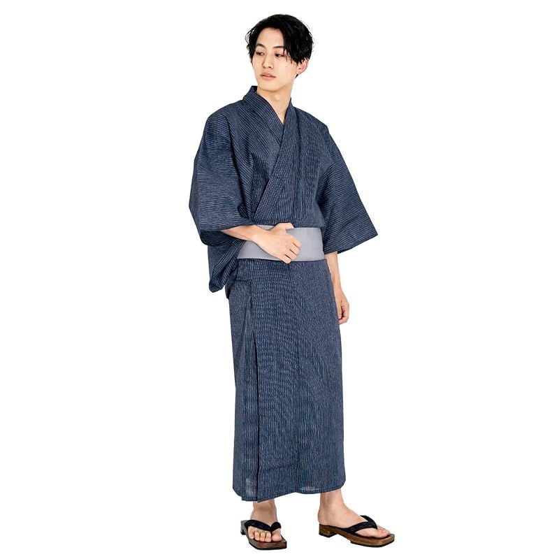 【新品】 [キョウエツ] 浴衣 メンズ セット ゆかた 男性 黒 紺 おしゃれ 綿 しじら C 4点セット (L, 2.シンプル細縞×紺(ワンタッチ灰))