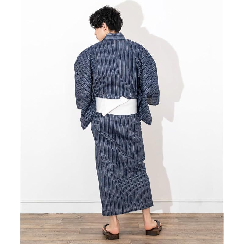 【新品】 [キョウエツ] 浴衣 メンズ セット ゆかた 男性 黒 紺 おしゃれ C 4点セット (L, C-16.滝縞×紺(ワンタッチ角帯 白))