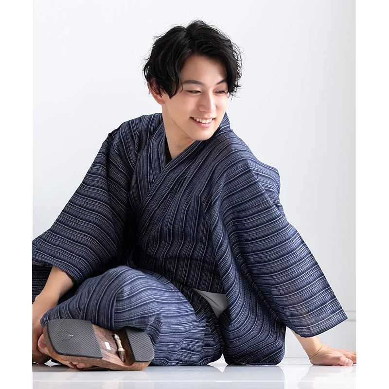 【新品】 [キョウエツ] 浴衣 メンズ セット ゆかた 男性 黒 紺 おしゃれ C 4点セット (L, C-16.滝縞×紺(ワンタッチ角帯 白))