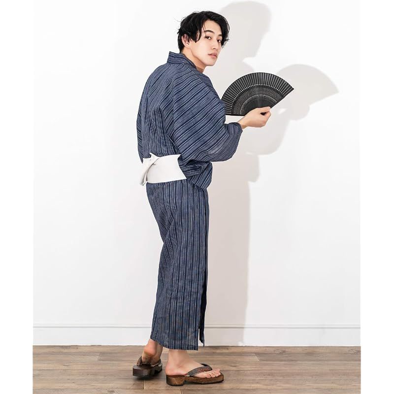【新品】 [キョウエツ] 浴衣 メンズ セット ゆかた 男性 黒 紺 おしゃれ C 4点セット (L, C-16.滝縞×紺(ワンタッチ角帯 白))