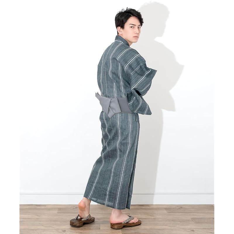 【新品】 [キョウエツ] 浴衣 メンズ セット ゆかた 男性 黒 紺 おしゃれ C 4点セット (L, C-22.変わり縞×藍(ワンタッチ角帯 灰))
