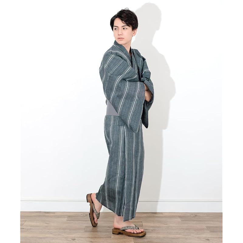 【新品】 [キョウエツ] 浴衣 メンズ セット ゆかた 男性 黒 紺 おしゃれ C 4点セット (L, C-22.変わり縞×藍(ワンタッチ角帯 灰))