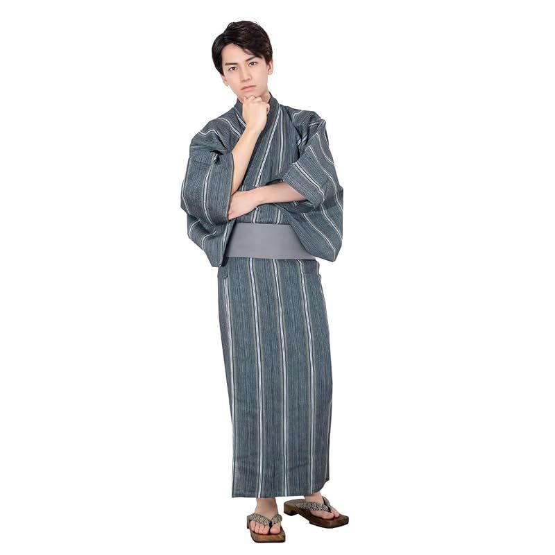 【新品】 [キョウエツ] 浴衣 メンズ セット ゆかた 男性 黒 紺 おしゃれ C 4点セット (L, C-22.変わり縞×藍(ワンタッチ角帯 灰))