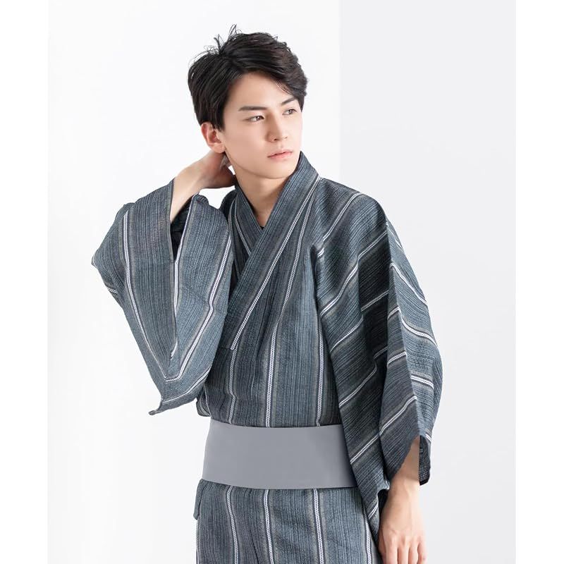 【新品】 [キョウエツ] 浴衣 メンズ セット ゆかた 男性 黒 紺 おしゃれ C 4点セット (L, C-22.変わり縞×藍(ワンタッチ角帯 灰))
