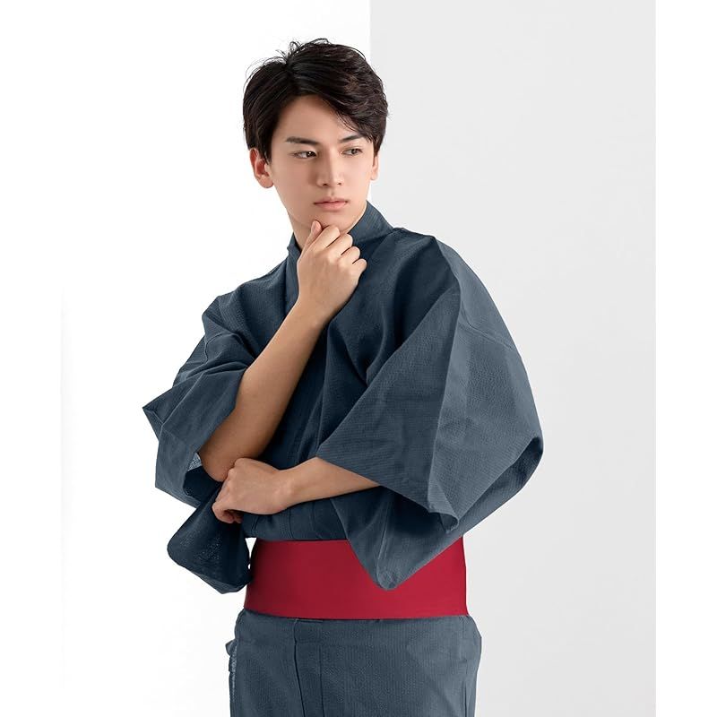 【新品】 [キョウエツ] 浴衣 メンズ セット ゆかた 男性 黒 紺 おしゃれ C 4点セット (LL, C-23.無地×藍(ワンタッチ角帯 赤))