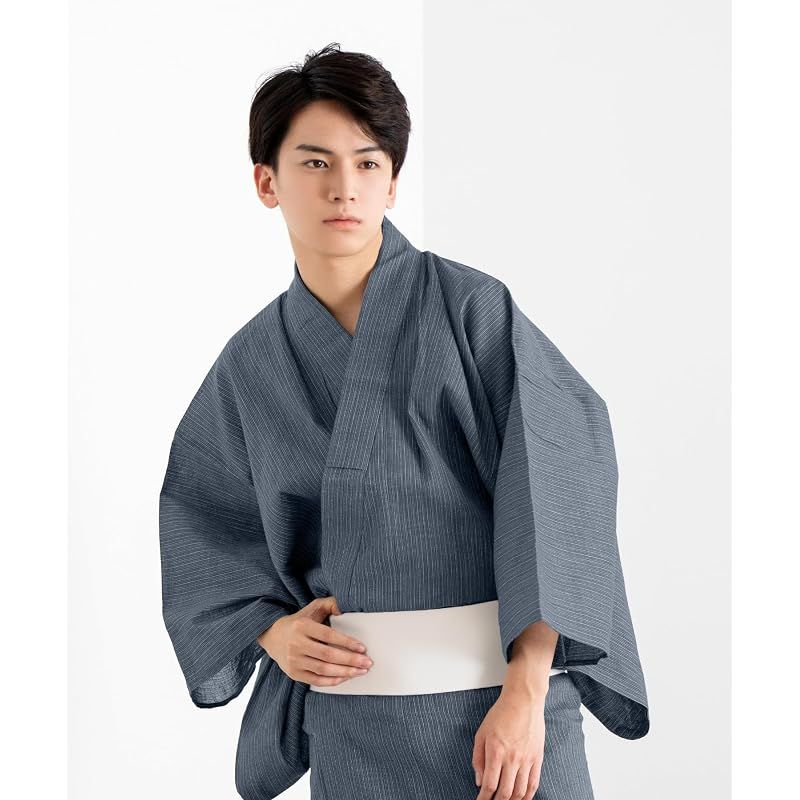 【新品】 [キョウエツ] 浴衣 メンズ セット ゆかた 男性 黒 紺 おしゃれ C 4点セット (LL, C-21.細縞×藍(ワンタッチ角帯 白))