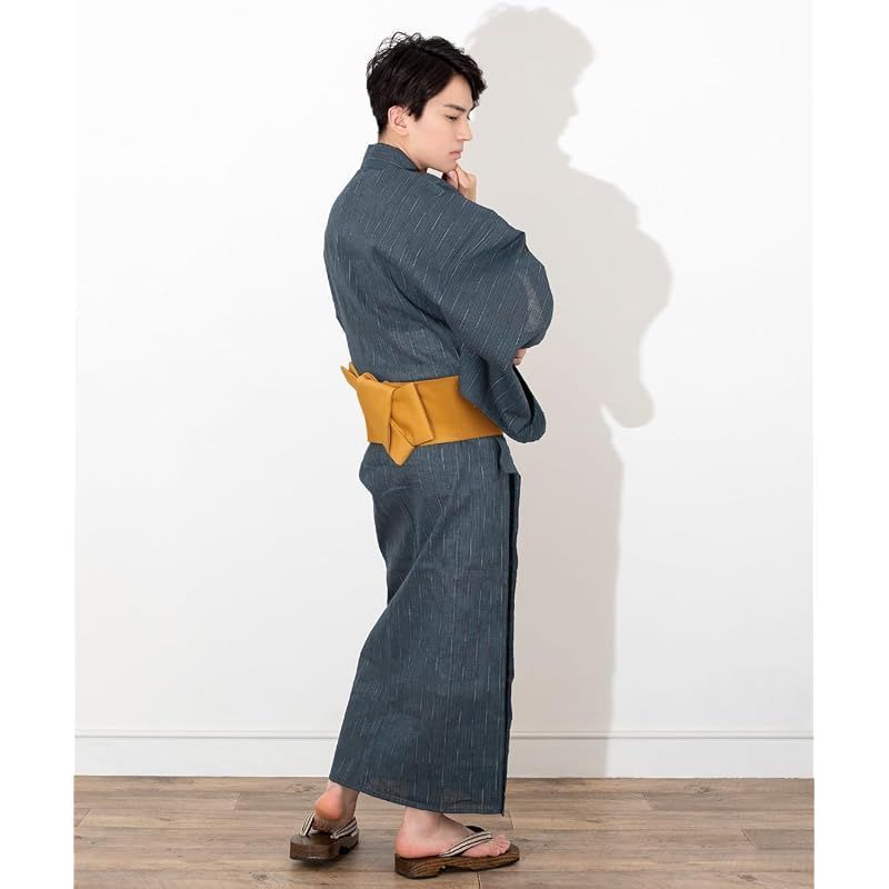 【新品】 [キョウエツ] 浴衣 メンズ セット ゆかた 男性 黒 紺 おしゃれ C 4点セット (LL, C-24.縞×藍(ワンタッチ角帯 金))