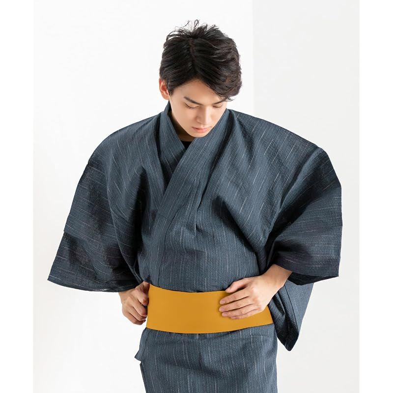 【新品】 [キョウエツ] 浴衣 メンズ セット ゆかた 男性 黒 紺 おしゃれ C 4点セット (LL, C-24.縞×藍(ワンタッチ角帯 金))