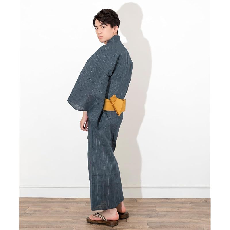 【新品】 [キョウエツ] 浴衣 メンズ セット ゆかた 男性 黒 紺 おしゃれ C 4点セット (LL, C-24.縞×藍(ワンタッチ角帯 金))
