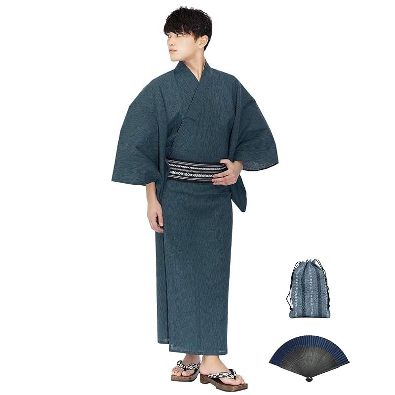 【新品】 [KYOETSU] [キョウエツ] 浴衣 メンズ セット ゆかた 男性 - 大きいサイズ 黒 紺 グレー 帯 下駄 腰紐 巾着 綿 麻 無地 おしゃれ G 6点 フルセット (M, G-12.藍(ワンタッチ角帯 黒))