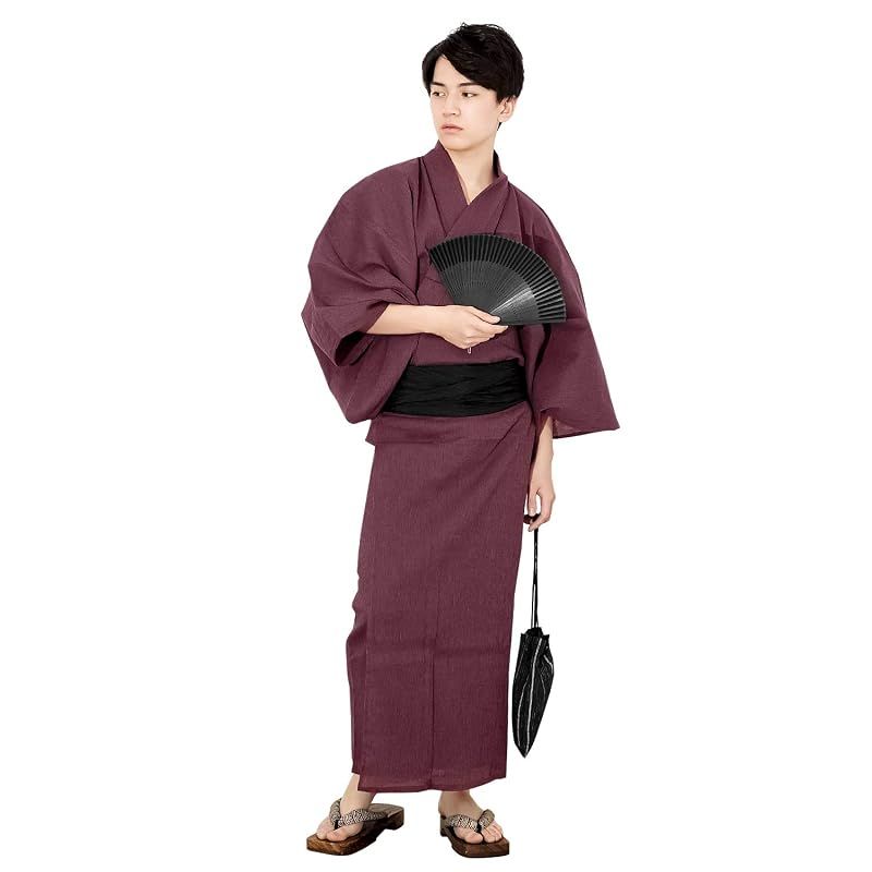 【新品】 [KYOETSU] [キョウエツ] 浴衣 メンズ セット ゆかた 男性 - 大きいサイズ 黒 紺 グレー 帯 下駄 腰紐 巾着 綿 麻 無地 おしゃれ G 6点 フルセット (L, G-9.紅(兵児帯 黒))
