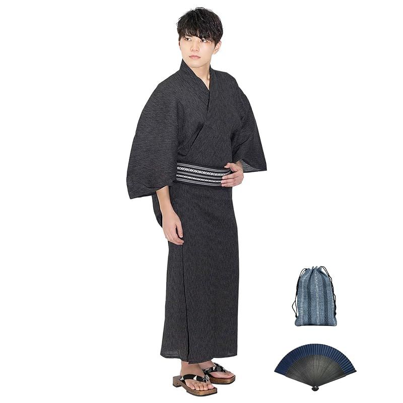 【新品】 [KYOETSU] [キョウエツ] 浴衣 メンズ セット ゆかた 男性 - 大きいサイズ 黒 紺 グレー 帯 下駄 腰紐 巾着 綿 麻 無地 おしゃれ G 6点 フルセット (3L, G-8.墨(ワンタッチ角帯 黒))