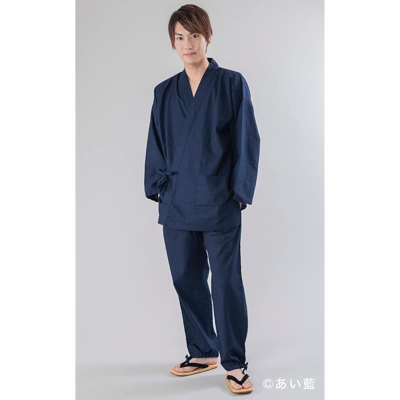 【新品】 [あい藍] メンズ スラブ織り作務衣 通年用 (M, ネイビー)