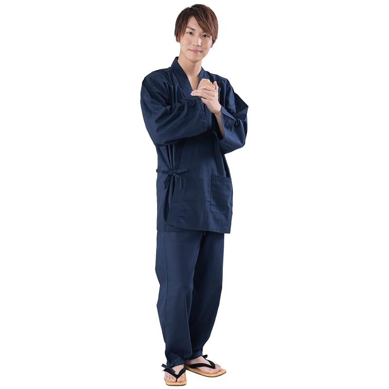 【新品】 [あい藍] メンズ スラブ織り作務衣 通年用 (M, ネイビー)