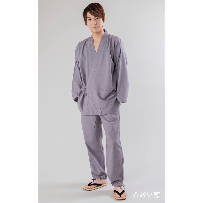 【新品】 メンズ スラブ織り作務衣 通年用 (L, グレー)