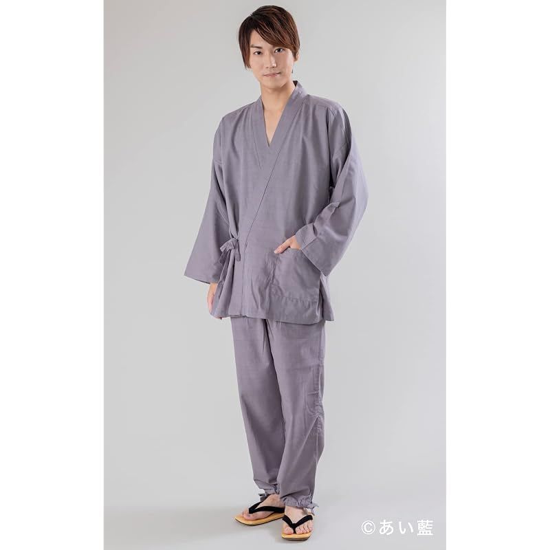 【新品】 メンズ スラブ織り作務衣 通年用 (L, グレー)