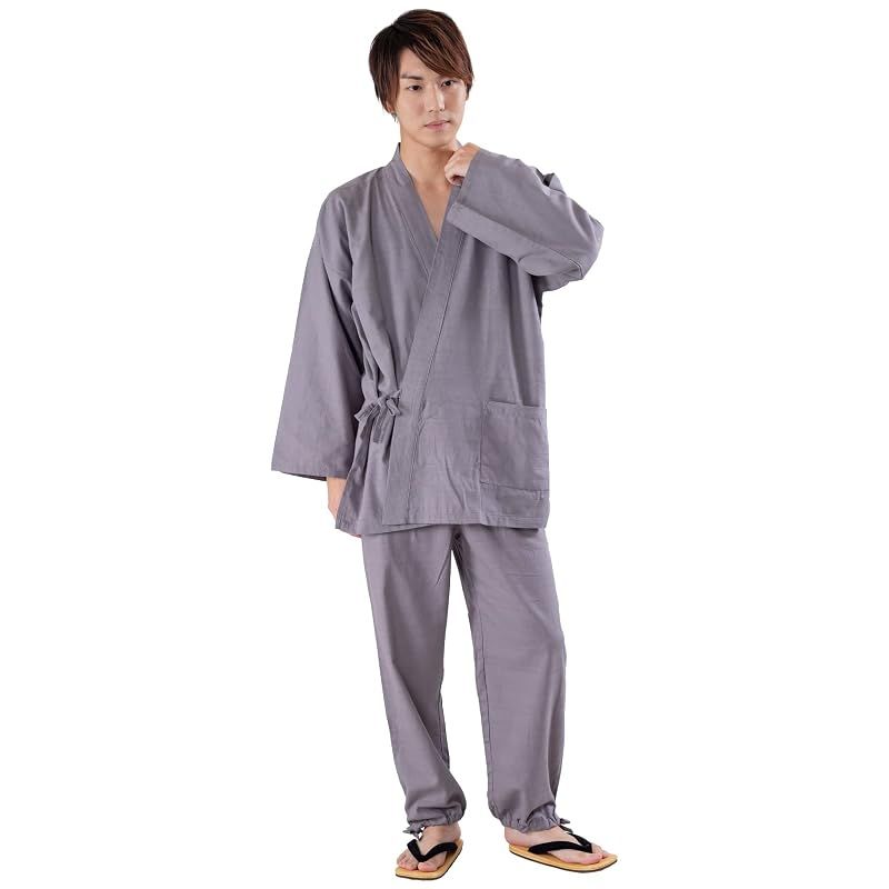 【新品】 メンズ スラブ織り作務衣 通年用 (L, グレー)