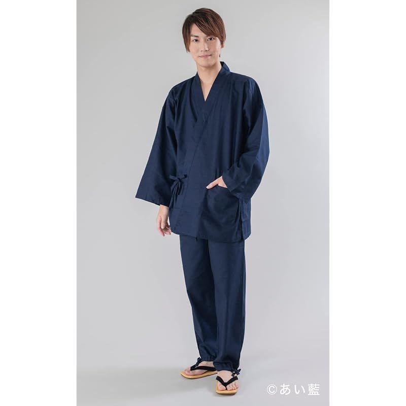 【新品】 メンズ スラブ織り作務衣 通年用 (L, ネイビー)
