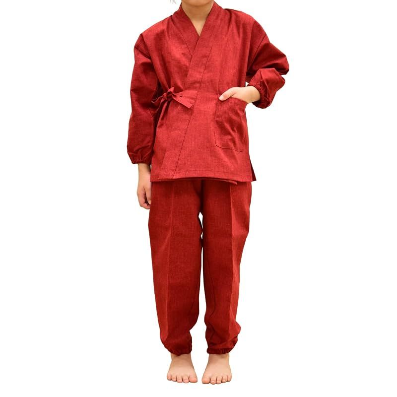 【新品】 [あい藍] キッズ110作務衣 紬織り調 日本製 (110, レッド)