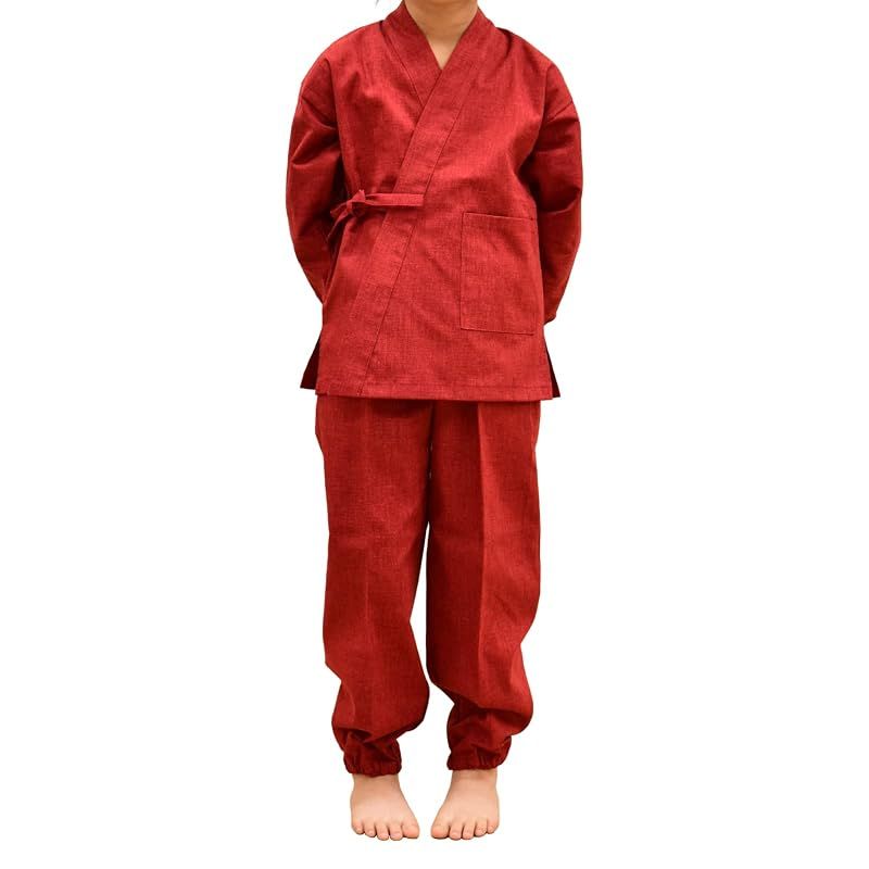 【新品】 [あい藍] キッズ110作務衣 紬織り調 日本製 (110, レッド)