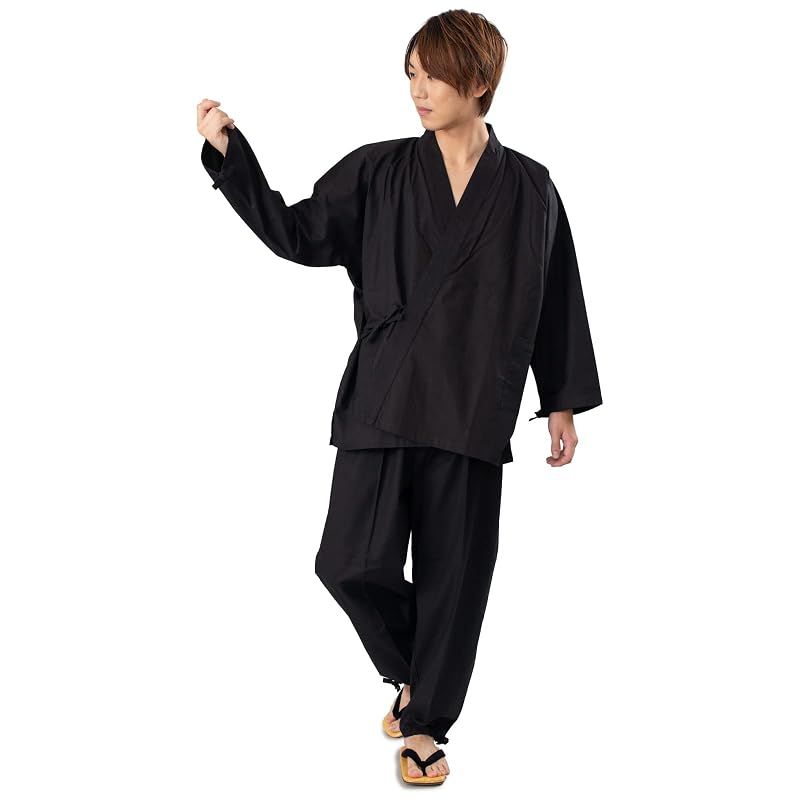 【新品】 [あい藍] 久留米 民芸作務衣 日本製 久留米 織り 柔らかい平織り 通年 季節 プレゼント 贈り物 春 夏 秋 冬 父の日 (LL, 黒)