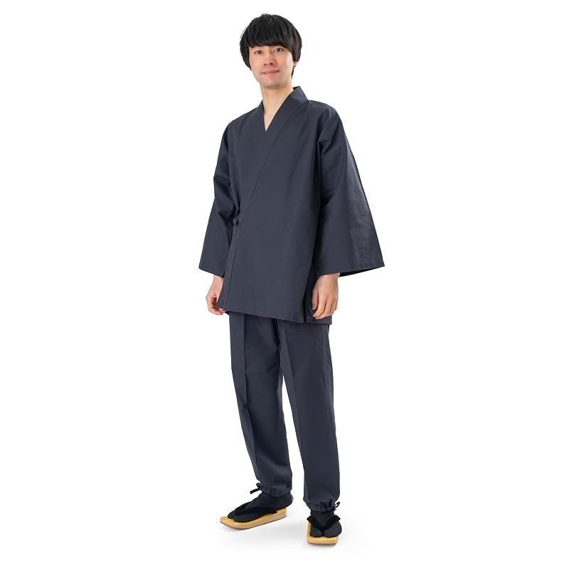 【新品】 [あい藍] メンズ 作務衣 シャンブレー 日本製 (ブラック, L)